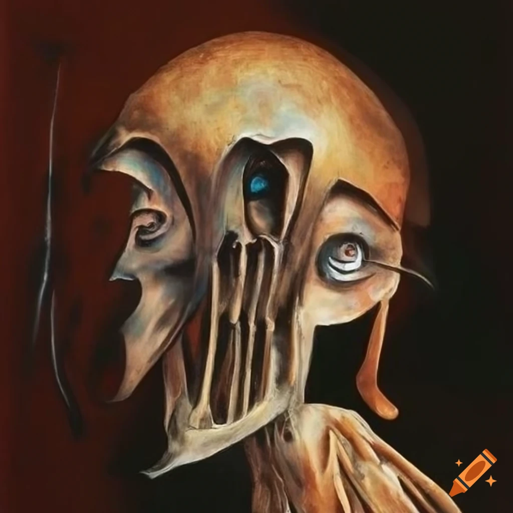 surrealist artwork with copper sculpture and African tribal bones