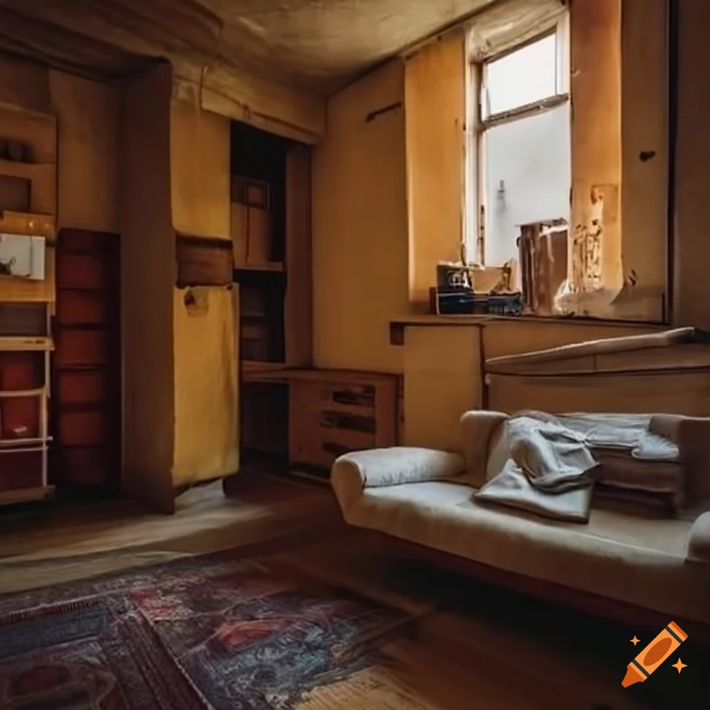 Brutalist living room in a Soviet-era tenement