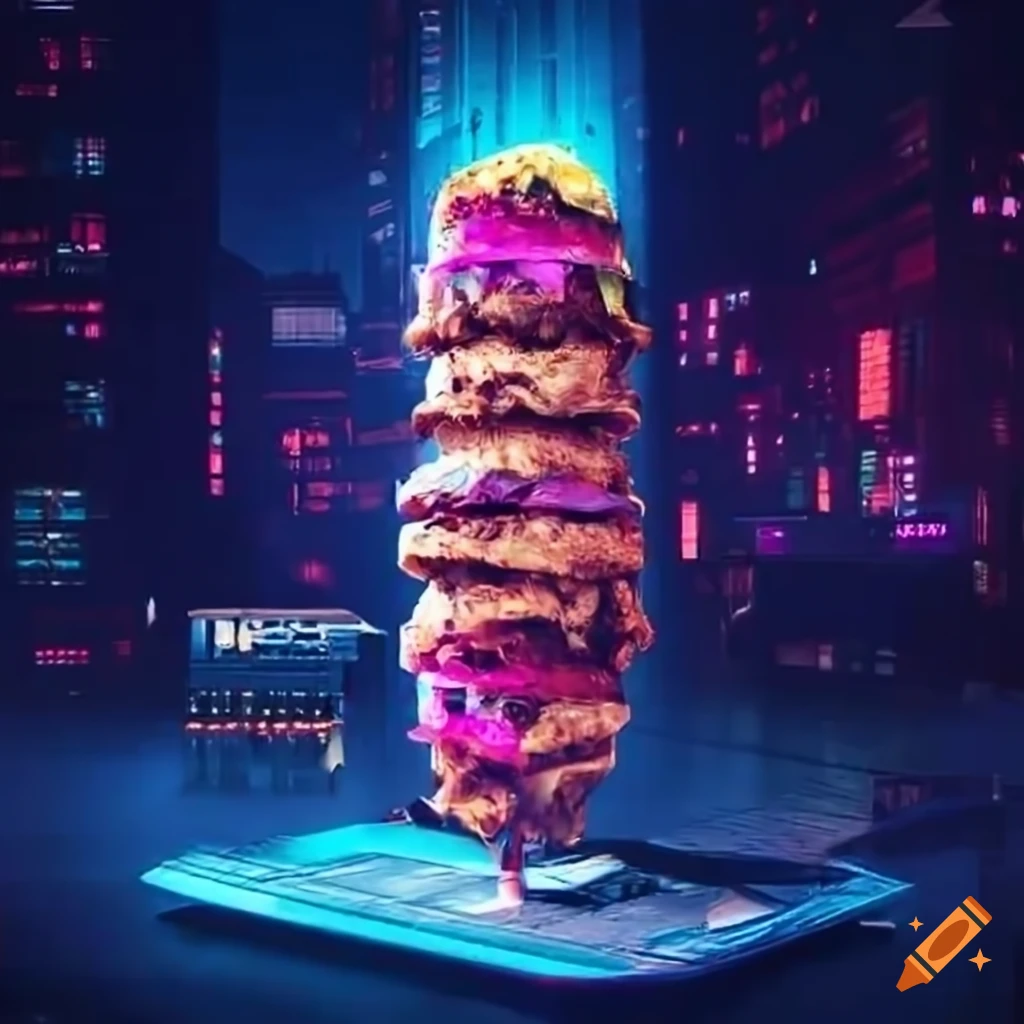 Tower of kebab in a futuristic city