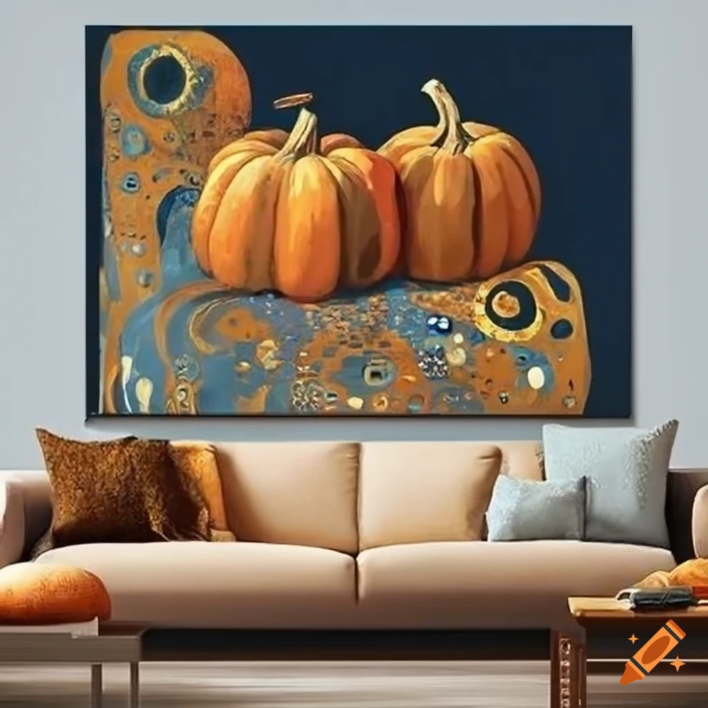 Klimt-inspired painting of pumpkins in warm tones