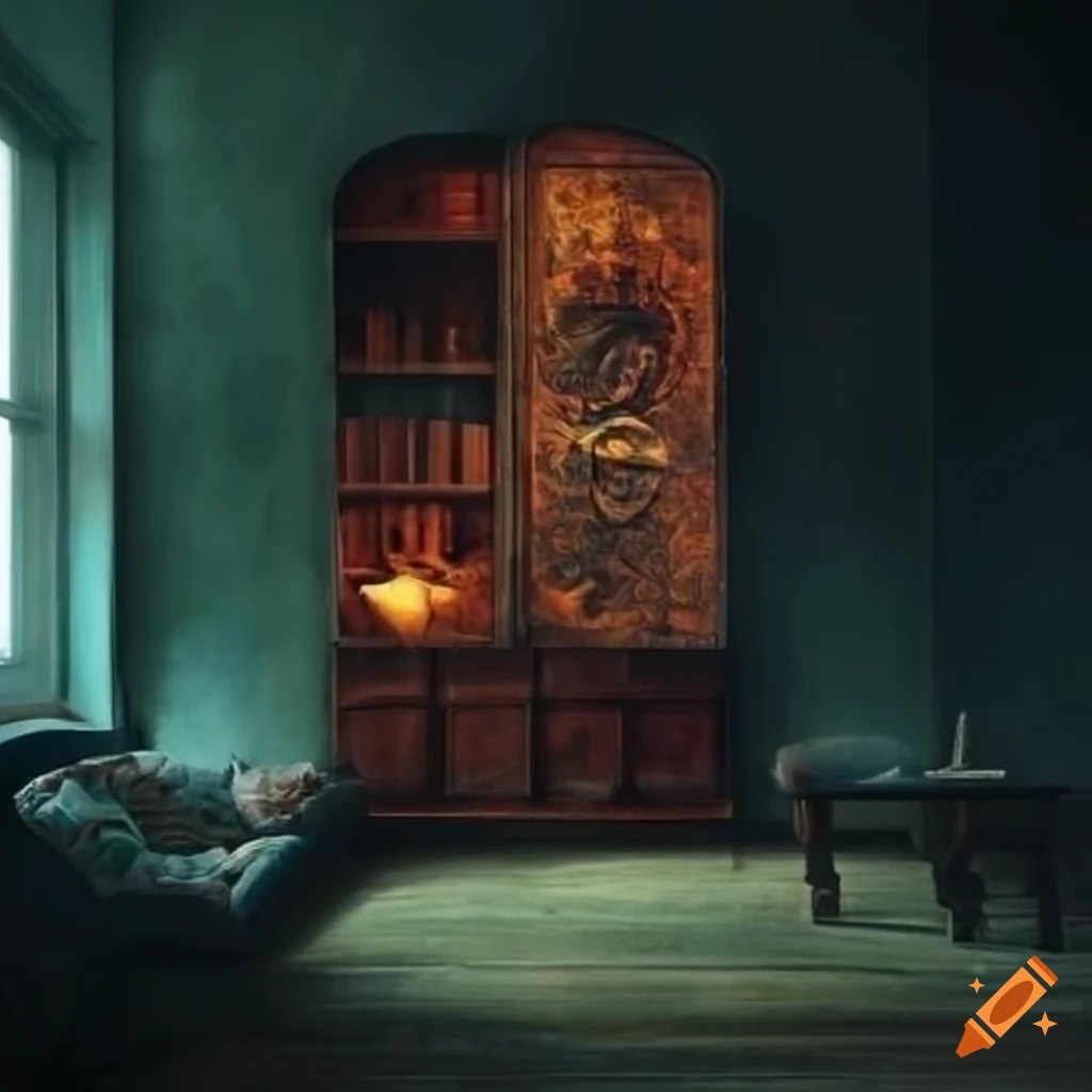 artistic interior design with bookshelves and armchairs