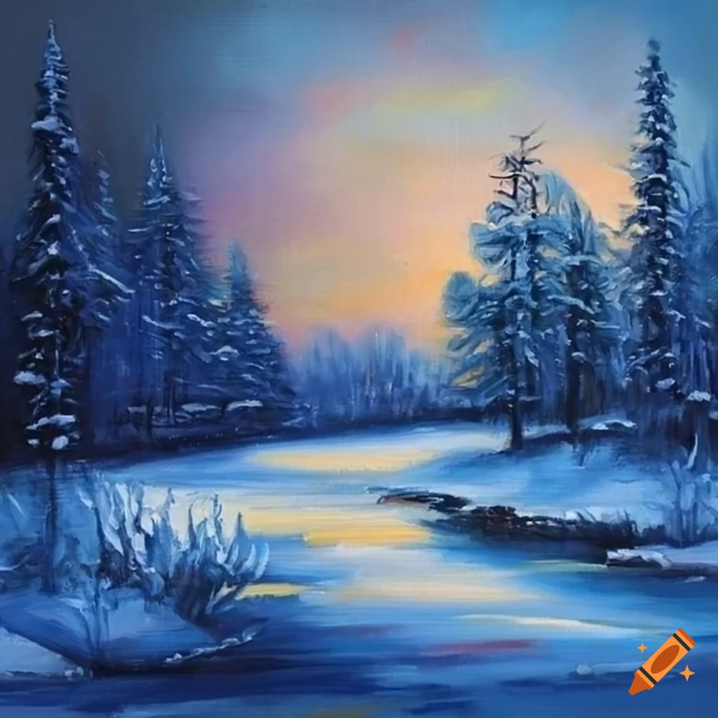 blue-toned oil painting of a winter scene