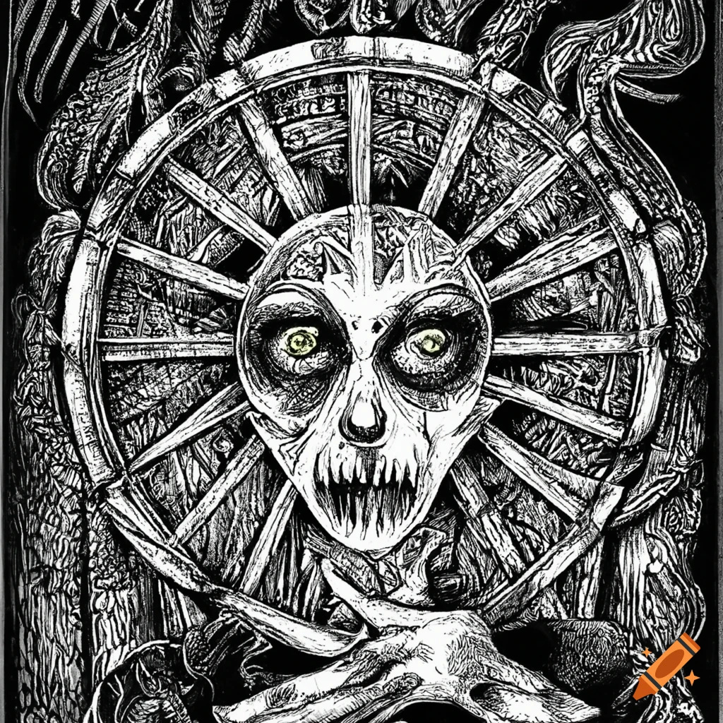 ink art of a scary circus Tarot card