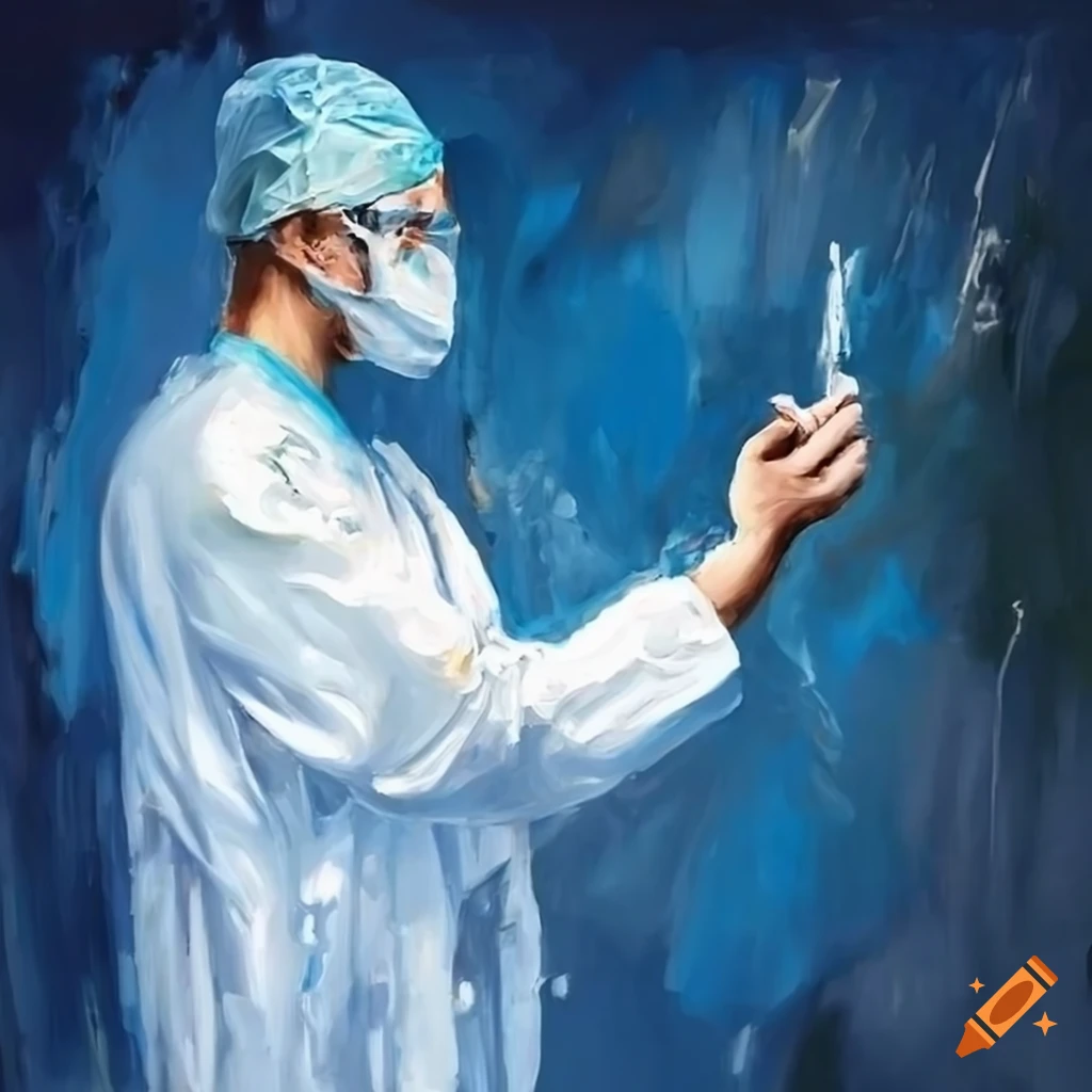 Painting of a male doctor holding a needle on Craiyon