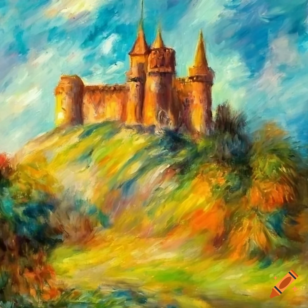 Renoir-style oil painting of a castle on a hill