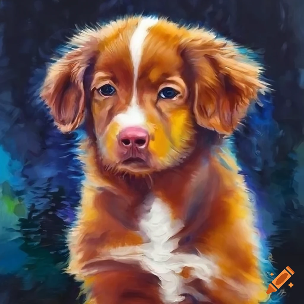 hyper detailed painting of a sitting Duck Toller Retriever puppy