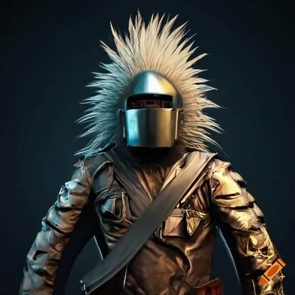 Art of a porcupine in motorcycle jacket and knight helmet on Craiyon