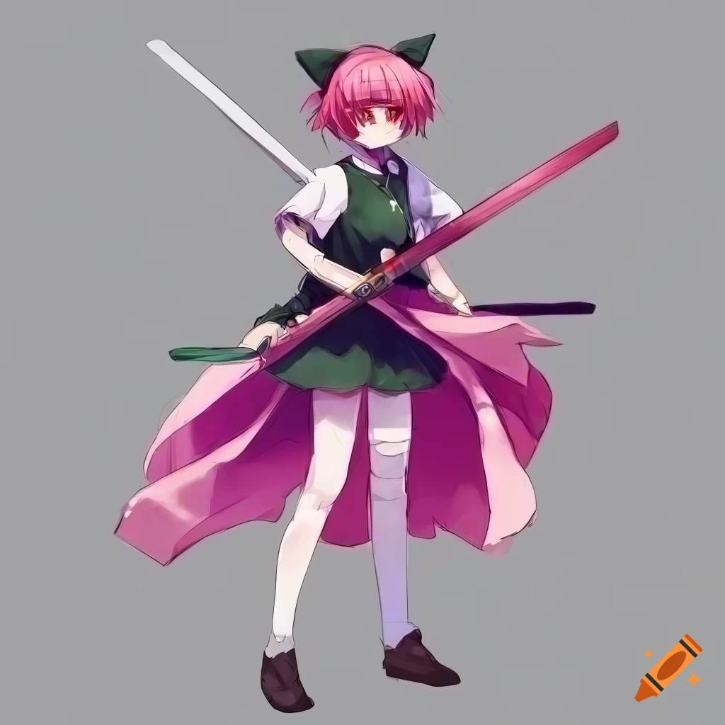 character design featuring a girl in a dynamic pose with a katana