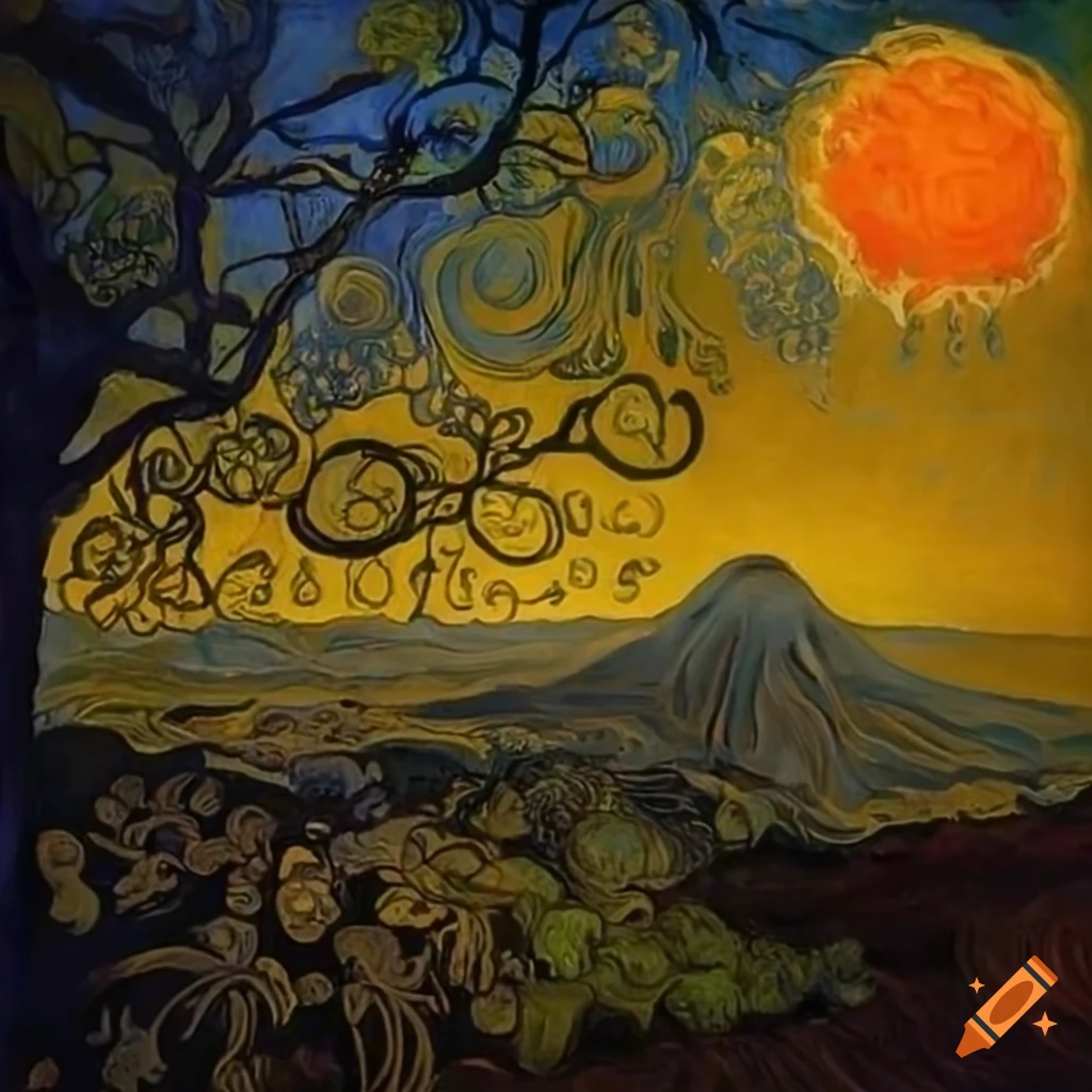 dreamlike painting of Naples with glowing orbs and dandelion trees