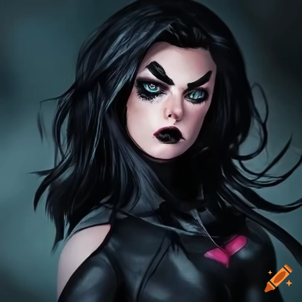 Artistic depiction of a spider-woman with black hair and green eyes on ...