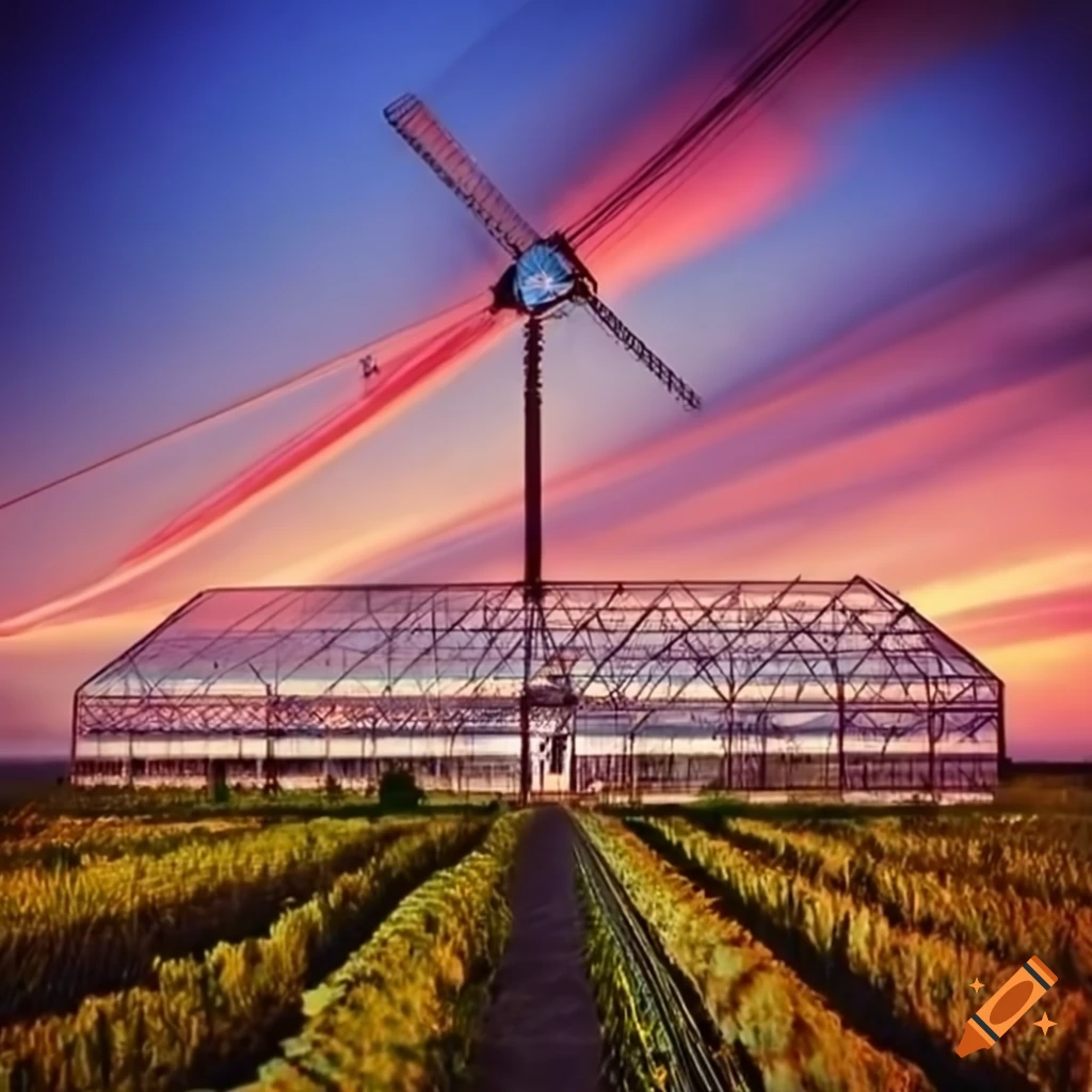 Greenhouses with power lines and windmill on Craiyon