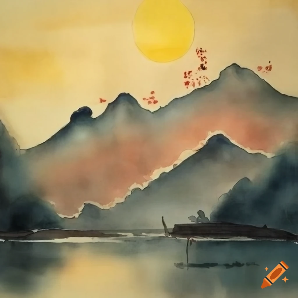 Chinese ink painting of mountain, boat, and fishing old man by a