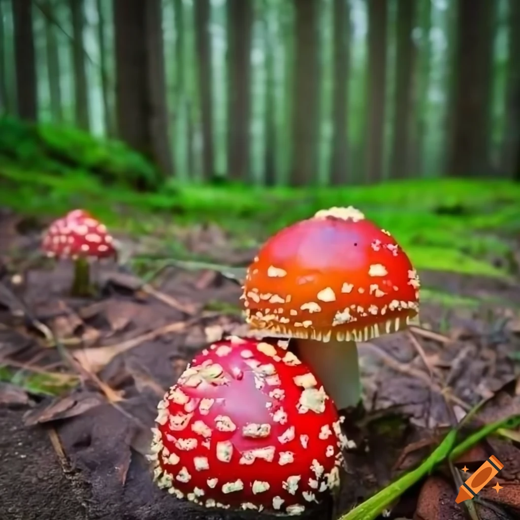 verdant forest with greenery and red amanita muscaria lanterns