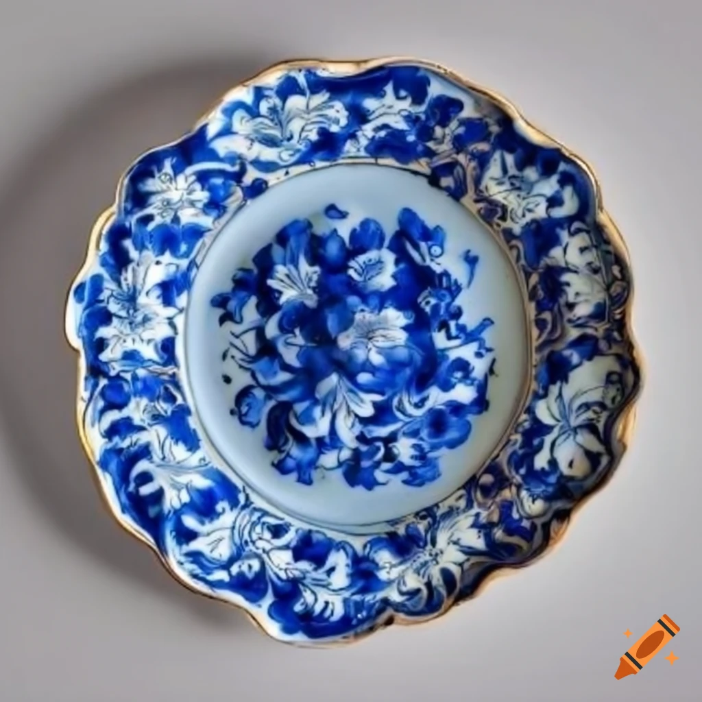 Blue rococo plate with white flower relief