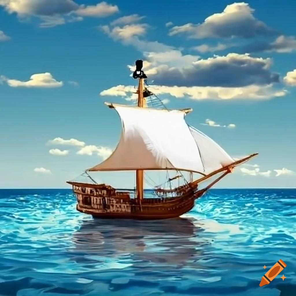sparkling sunny beach with a pirate ship