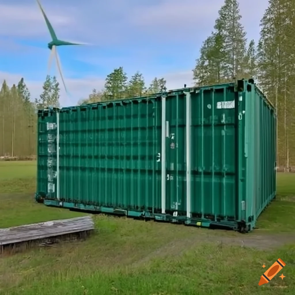 Green shipping container next to wind and solar power parks on Craiyon