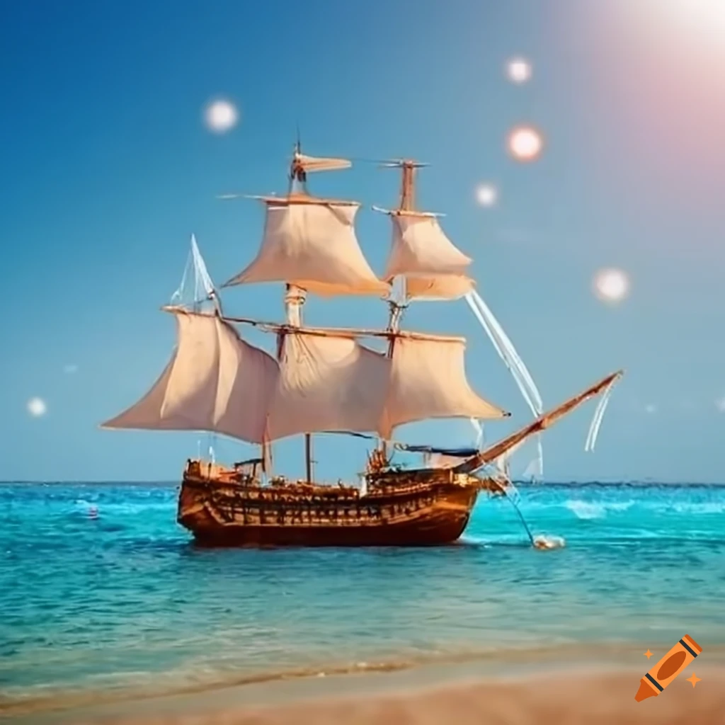 small pirate ship on a sparkling sunny beach