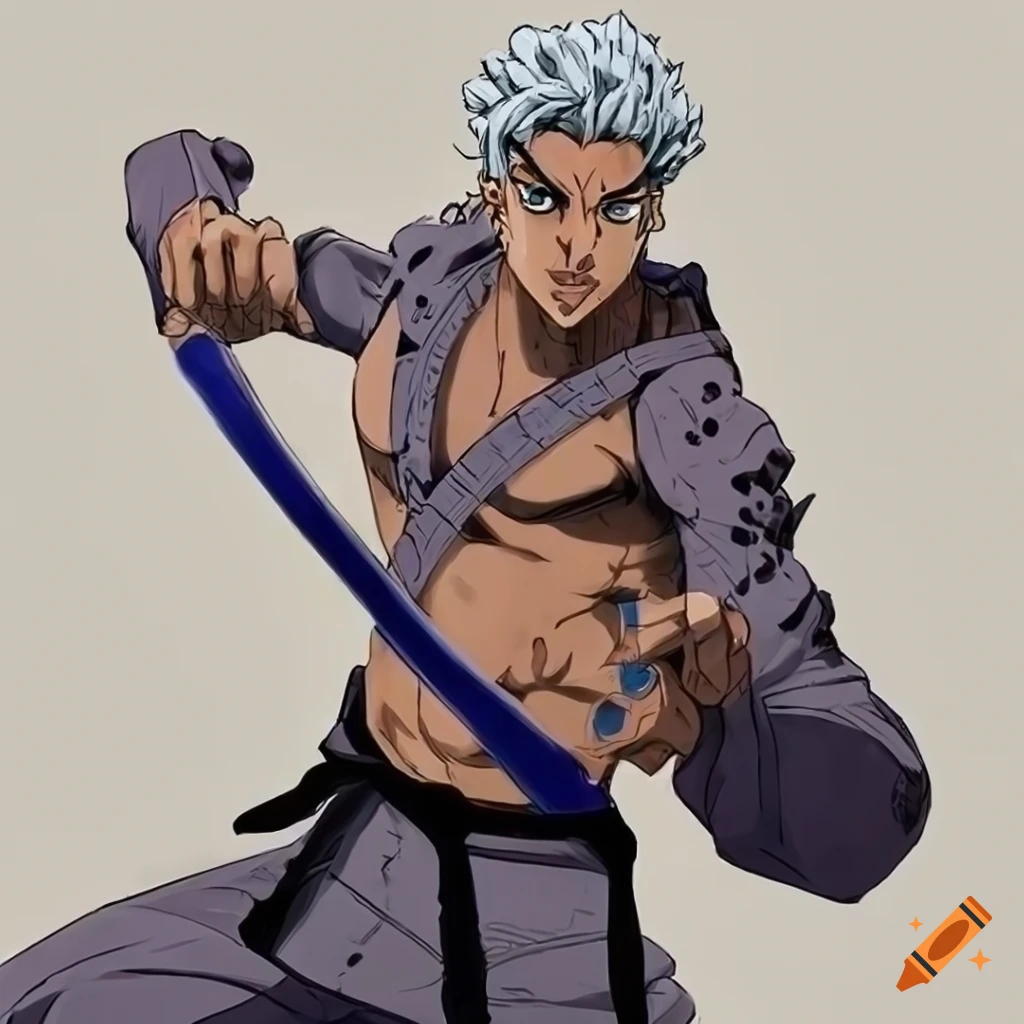 cosplay of a male character with dark skin, fancy outfit, and white hair