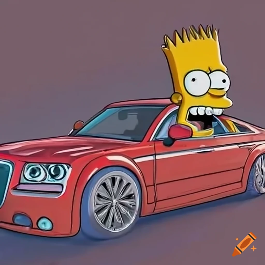Bart simpson driving a red chrysler 300c on the highway