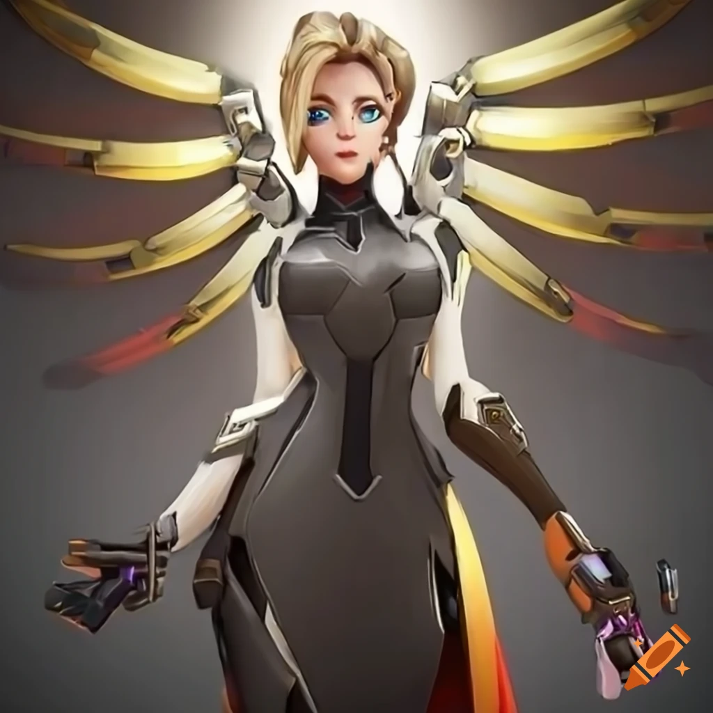 Mercy character from overwatch with a gun on Craiyon