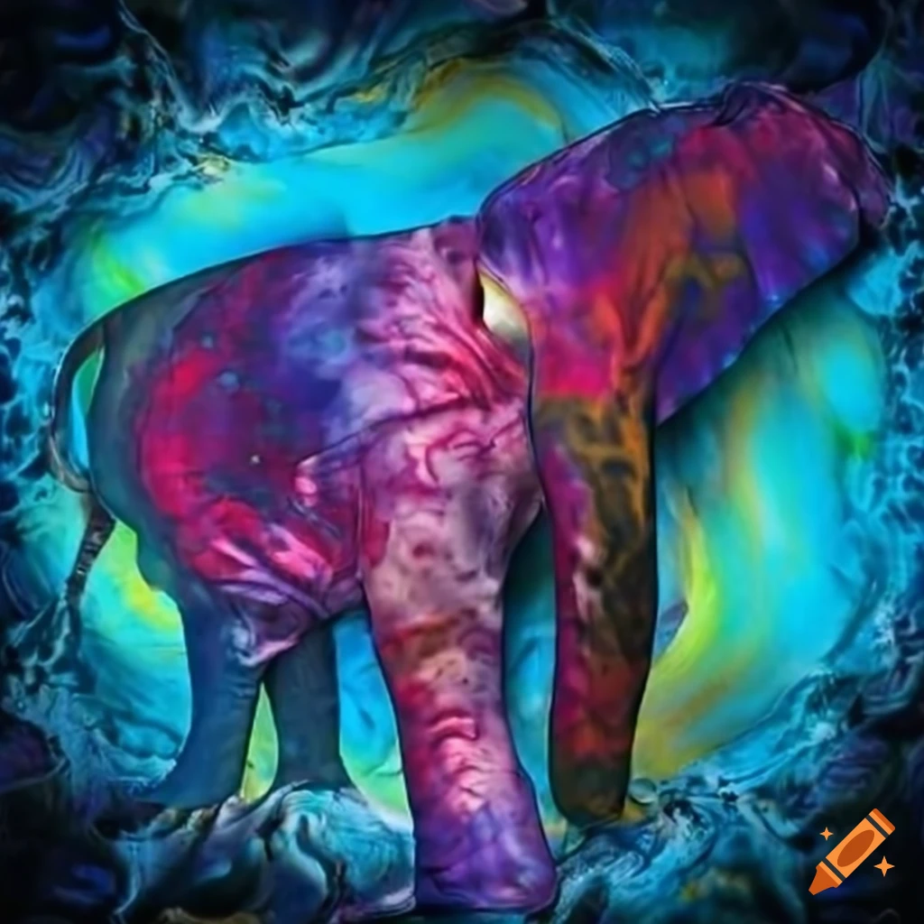 psychedelic art of a tie dyed elephant in a colorful sea