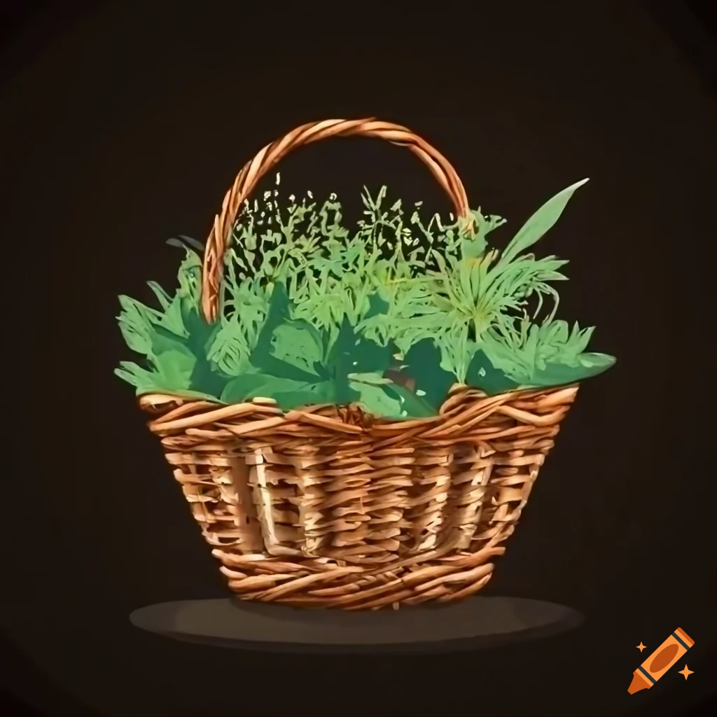Neatly arranged herbs in a wicker basket on Craiyon
