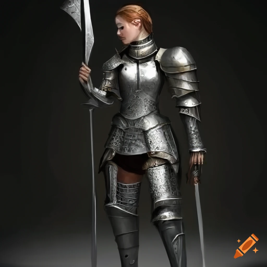 A beautiful woman wearing brass armor wielding a sword, fantasy