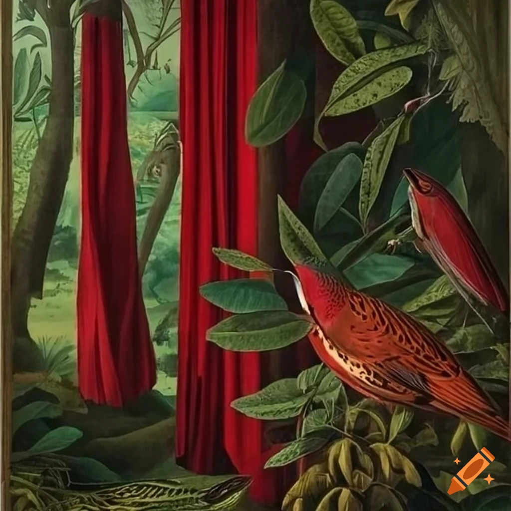 Painting of red curtains in a forest on Craiyon