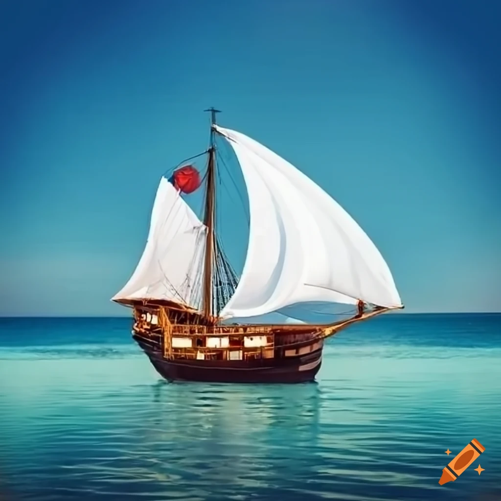 profile of a white-sailed pirate ship on a sunny beach