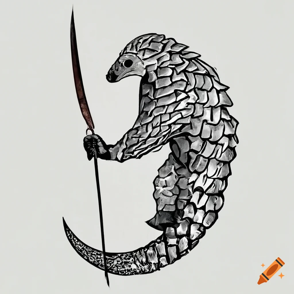 Black and white stencil of a pangolin holding a greatsword