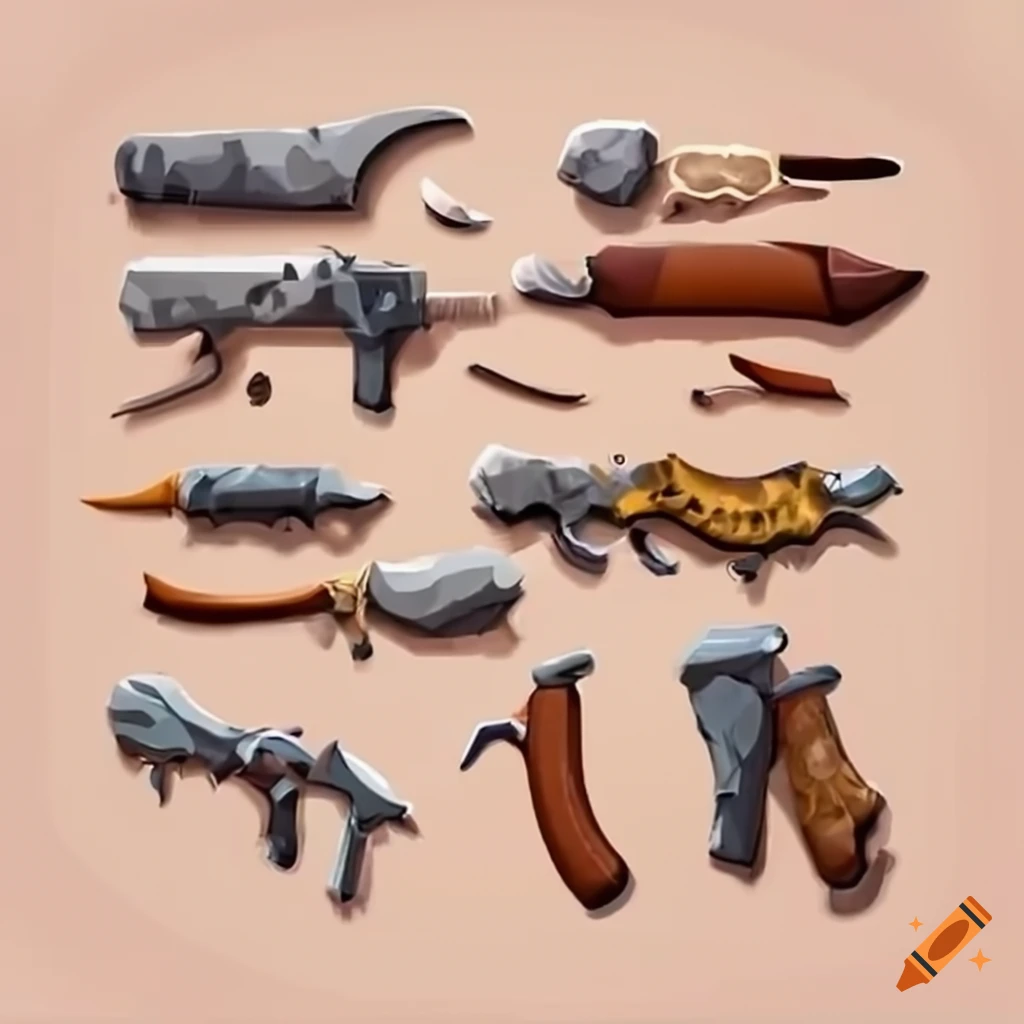 cartoon weapons made with bones and animal skins