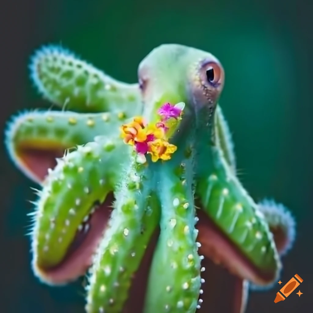 green octopus covered in cactus spines and flowers