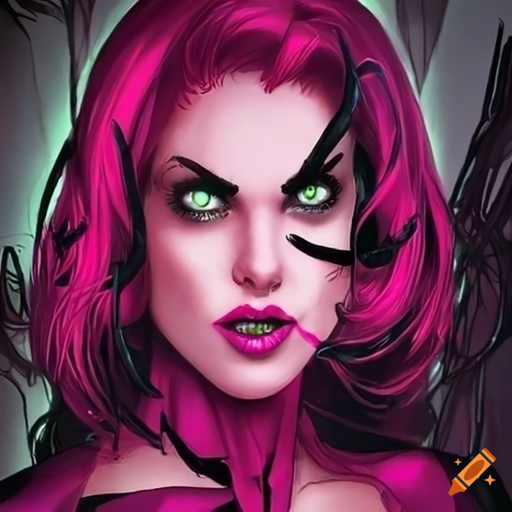 Pink Widow Spider Woman With Black Hair And Green Eyes