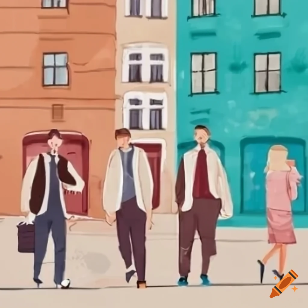 clipart of five men walking on a street
