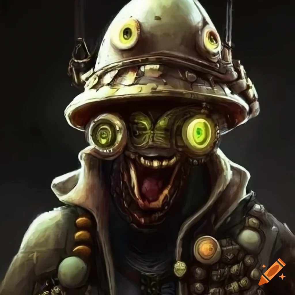 grinning mushroom with steampunk and cyberpunk elements