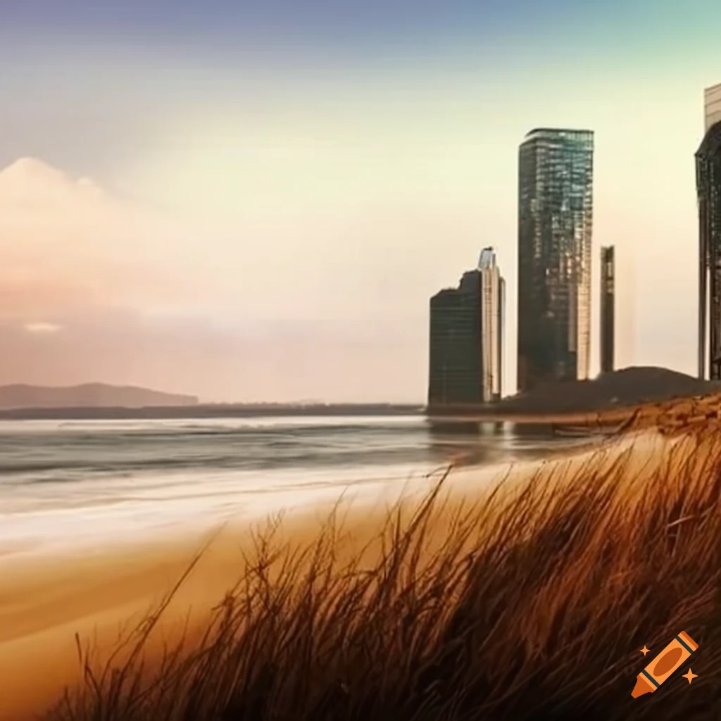 sandy coastline with skyscrapers in the background