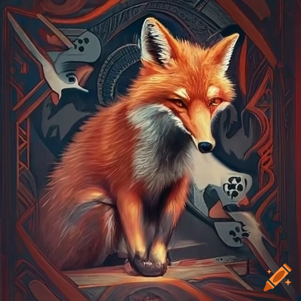 futuristic artwork of a fox playing cards