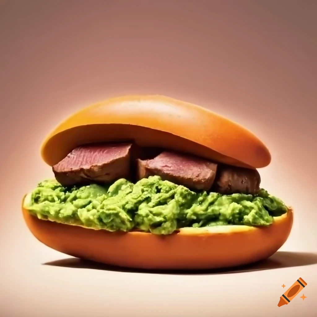 delicious steak-filled hotdog with guacamole and sauces