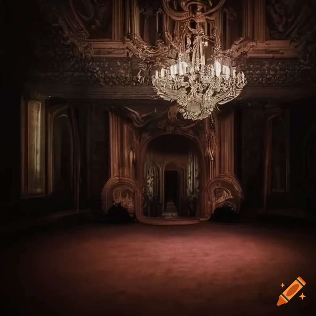 eerie 1920's ballroom with a captivating chandelier