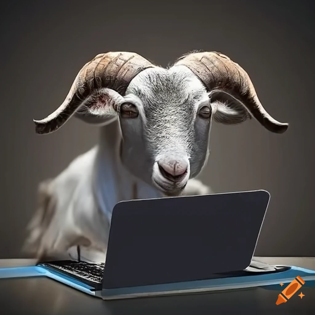 Funny goat browsing the internet on a laptop on Craiyon