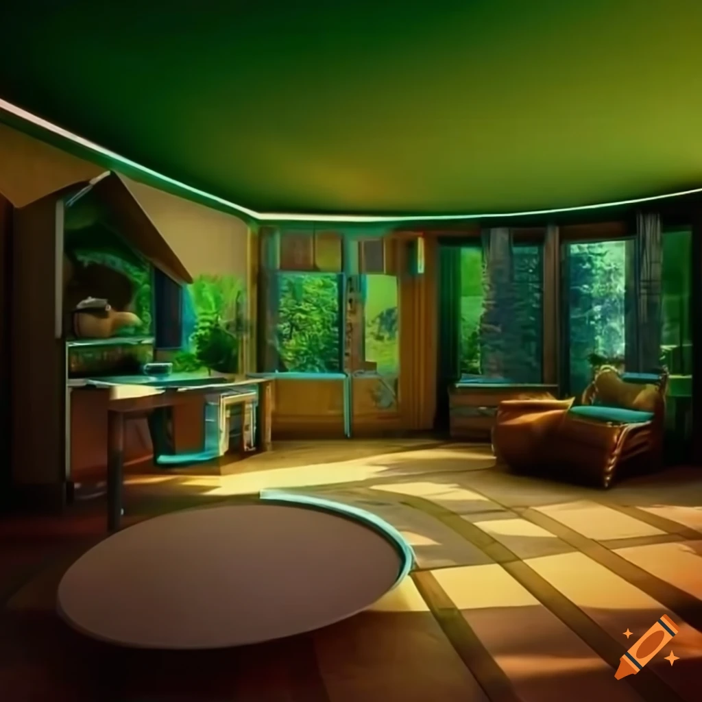futuristic and harmonious kitchenette living room with gaming workspace and garden view
