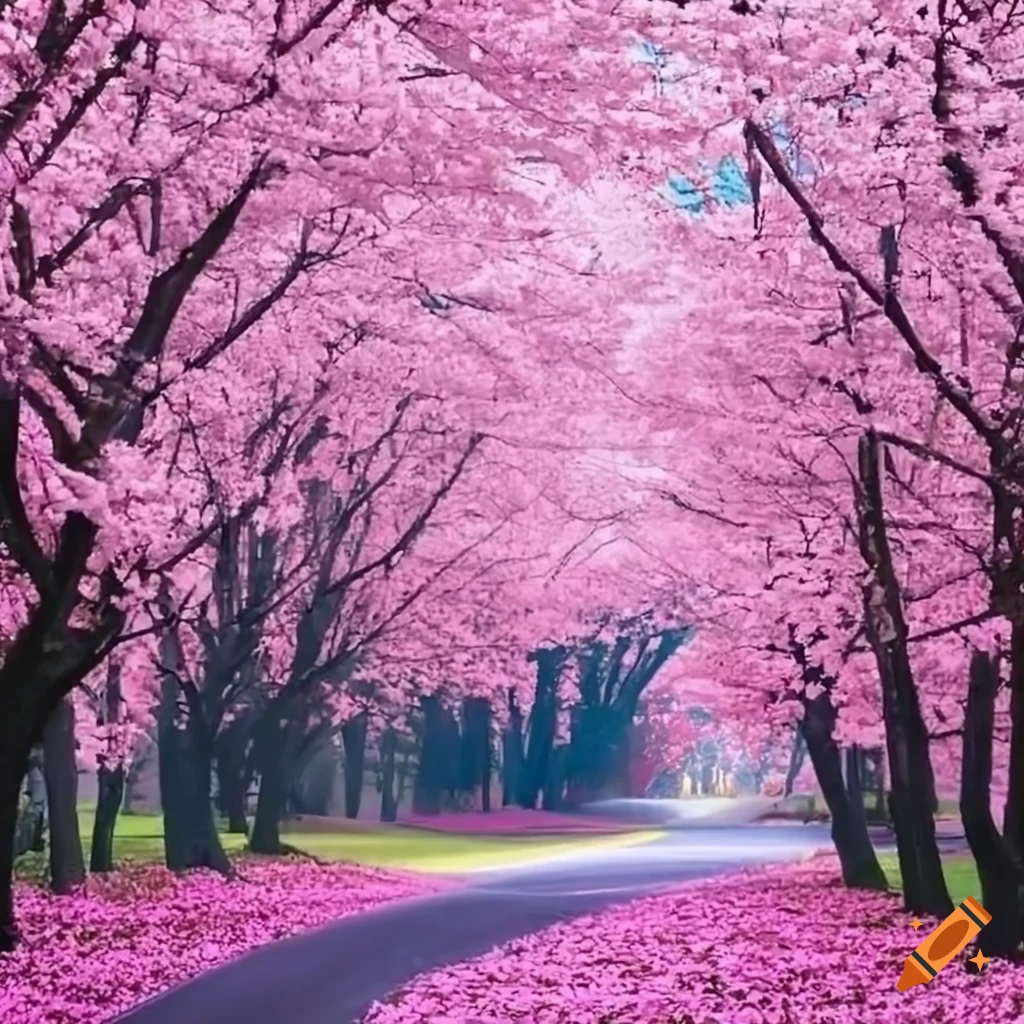 curved road surrounded by cherry blossom trees