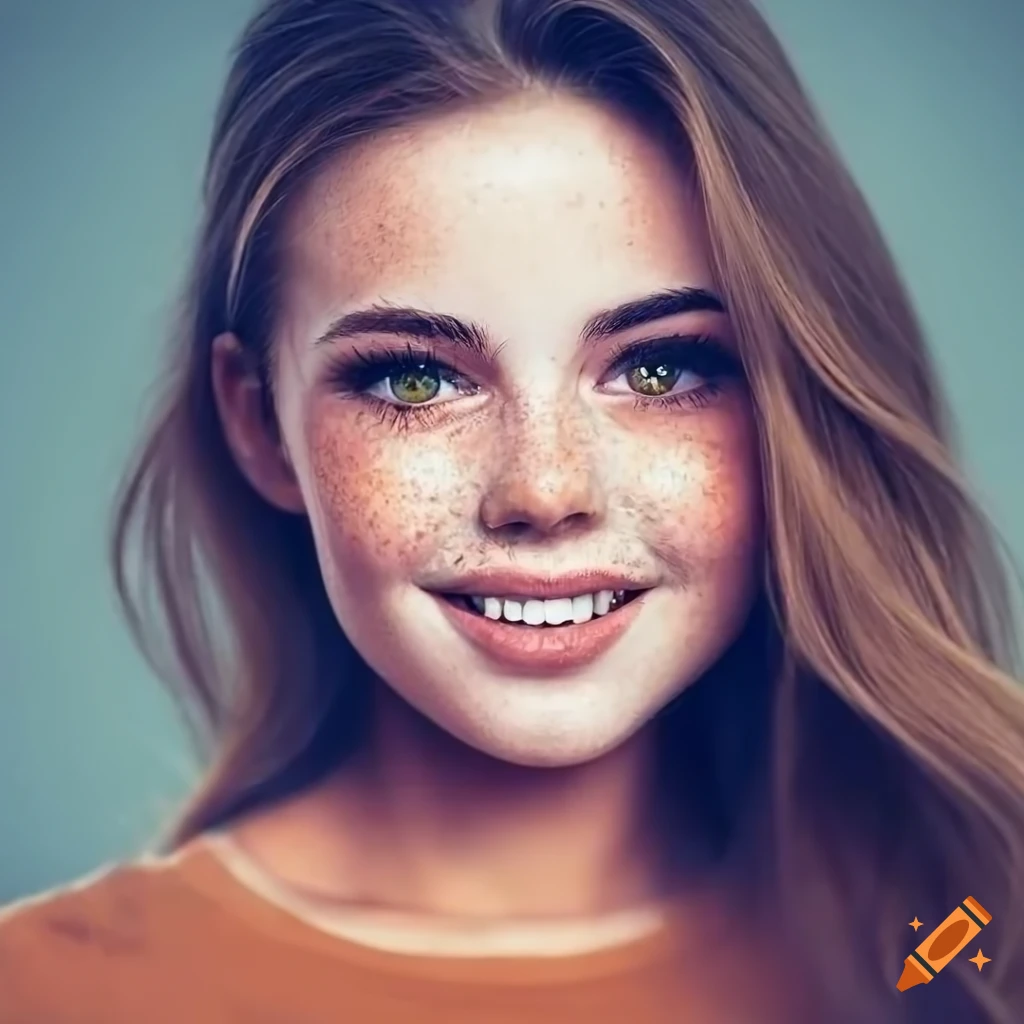 acrylic painting of a freckled girl with long brown hair on Craiyon