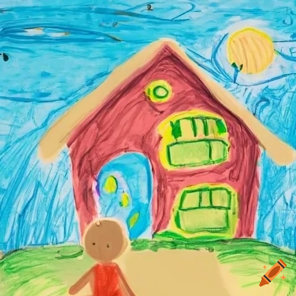 Kids drawing Family house Village Cottage Crayon children drawing Home  Naive art isolated on white background Stock Illustration | Adobe Stock