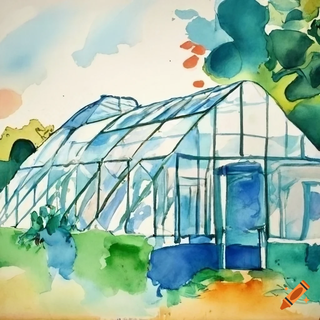 watercolour painting of a greenhouse in Malika Fabre style