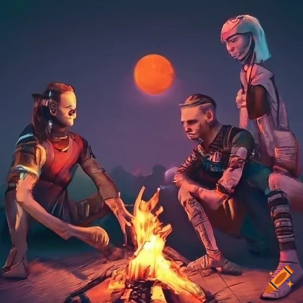 Cyberpunk inspired bonfire in camping with moon face