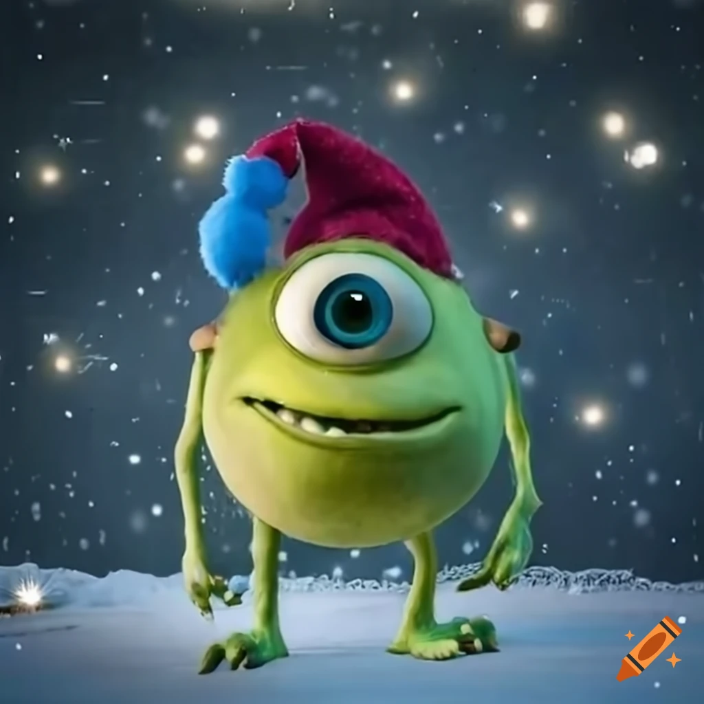 Festive image of mike wazowski wearing a christmas hat and standing in ...