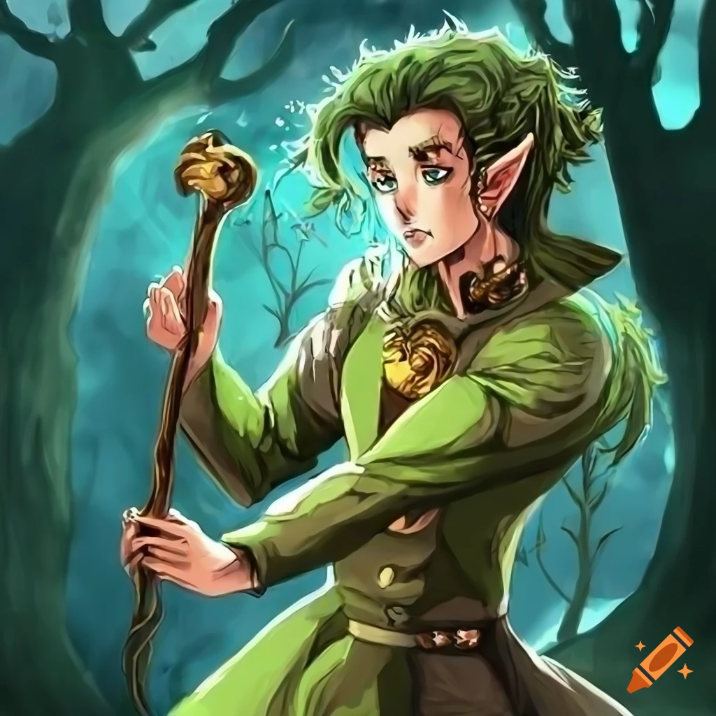jojo reference art of a young elf wizard in a magical forest