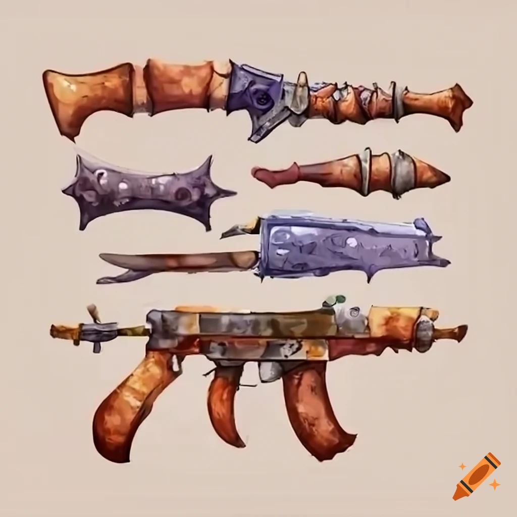 cartoon weapons made with bones and animal skins