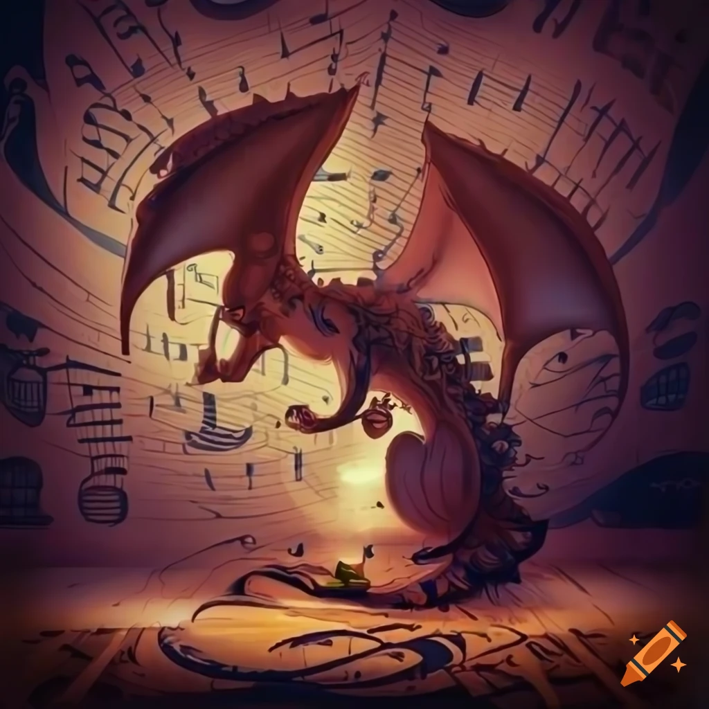 Dragon playing electronic instruments in a studio on Craiyon